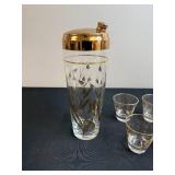 Vintage Glass Cocktail Shaker and 6 Matching Shot Glasses with Gold Trim