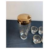 Vintage Glass Cocktail Shaker and 6 Matching Shot Glasses with Gold Trim