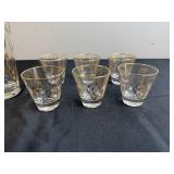 Vintage Glass Cocktail Shaker and 6 Matching Shot Glasses with Gold Trim