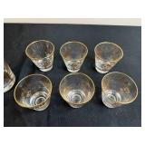 Vintage Glass Cocktail Shaker and 6 Matching Shot Glasses with Gold Trim