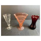 Lot of 3 Vintage Glass Vases - Clear, Pink, and Ruby Red