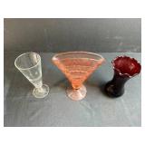Lot of 3 Vintage Glass Vases - Clear, Pink, and Ruby Red
