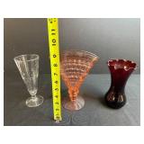 Lot of 3 Vintage Glass Vases - Clear, Pink, and Ruby Red
