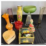 Collection of Vintage Glass Vases, Trinket Boxes, and Avon Bell
