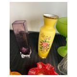 Collection of Vintage Glass Vases, Trinket Boxes, and Avon Bell