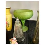 Collection of Vintage Glass Vases, Trinket Boxes, and Avon Bell