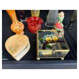 Collection of Vintage Glass Vases, Trinket Boxes, and Avon Bell