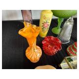 Collection of Vintage Glass Vases, Trinket Boxes, and Avon Bell