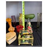 Collection of Vintage Glass Vases, Trinket Boxes, and Avon Bell