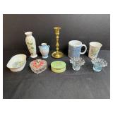 Assorted Decorative Home Decor Lot with Vases, Candlestick, Mugs, and Glassware