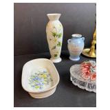 Assorted Decorative Home Decor Lot with Vases, Candlestick, Mugs, and Glassware