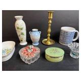 Assorted Decorative Home Decor Lot with Vases, Candlestick, Mugs, and Glassware