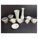Vintage Milk Glass and Opalescent Glass Creamers, Vases, and Dishes Collection
