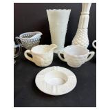 Vintage Milk Glass and Opalescent Glass Creamers, Vases, and Dishes Collection