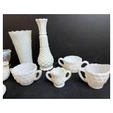Vintage Milk Glass and Opalescent Glass Creamers, Vases, and Dishes Collection
