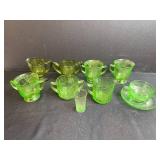 Collection of Uranium & Green Depression Glass Sugar Bowls, Creamers, and Cup with Saucer