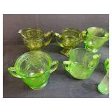 Collection of Uranium & Green Depression Glass Sugar Bowls, Creamers, and Cup with Saucer