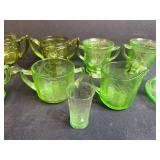 Collection of Uranium & Green Depression Glass Sugar Bowls, Creamers, and Cup with Saucer