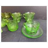 Collection of Uranium & Green Depression Glass Sugar Bowls, Creamers, and Cup with Saucer