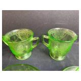 Collection of Uranium & Green Depression Glass Sugar Bowls, Creamers, and Cup with Saucer
