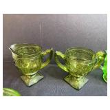 Collection of Uranium & Green Depression Glass Sugar Bowls, Creamers, and Cup with Saucer