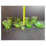 Collection of Uranium & Green Depression Glass Sugar Bowls, Creamers, and Cup with Saucer