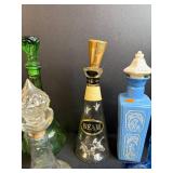 Collection of Vintage Glass Decanters and Bottles Assorted Colors and Styles