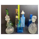 Collection of Vintage Glass Decanters and Bottles Assorted Colors and Styles