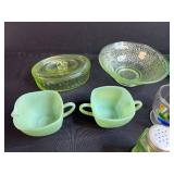 Jadeite, Uranium & Collection of Vintage Depression Glass Creamers, Bowls, Miniatures and Shaker