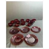 Set of Vintage Ruby Red Glass Teacups with 6 Matching Saucers
