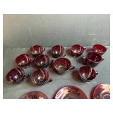 Set of Vintage Ruby Red Glass Teacups with 6 Matching Saucers