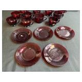 Set of Vintage Ruby Red Glass Teacups with 6 Matching Saucers