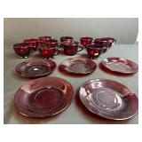 Set of Vintage Ruby Red Glass Teacups with 6 Matching Saucers