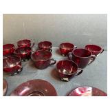 Set of Vintage Ruby Red Glass Teacups with 6 Matching Saucers