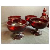 Set of Ruby Red Glass Goblets and Cruets with Stoppers