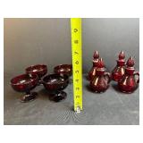 Set of Ruby Red Glass Goblets and Cruets with Stoppers