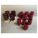 Set of Vintage Ruby Red Glasses Including Stemware and Tumblers