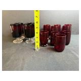 Set of Vintage Ruby Red Glasses Including Stemware and Tumblers
