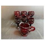 Set of Vintage Ruby Red Pressed Glass Goblets with Creamer