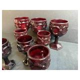 Set of Vintage Ruby Red Pressed Glass Goblets with Creamer