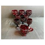 Set of Vintage Ruby Red Pressed Glass Goblets with Creamer