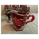 Set of Vintage Ruby Red Pressed Glass Goblets with Creamer