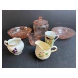 Collection of Pink Depression Glass and Vintage Porcelain Creamers and Mugs