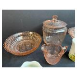 Collection of Pink Depression Glass and Vintage Porcelain Creamers and Mugs