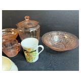 Collection of Pink Depression Glass and Vintage Porcelain Creamers and Mugs