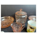 Collection of Pink Depression Glass and Vintage Porcelain Creamers and Mugs