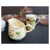 Collection of Pink Depression Glass and Vintage Porcelain Creamers and Mugs