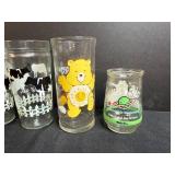 Set of Vintage Drinking Glasses Including Cow Farm, Care Bears, and Welch