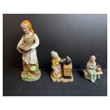 Set of 3 Vintage Ceramic Figurines Country Women with Vegetables and Sewing Scenes