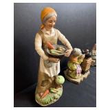 Set of 3 Vintage Ceramic Figurines Country Women with Vegetables and Sewing Scenes